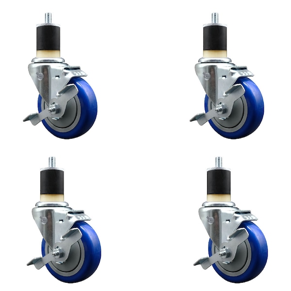 Service Caster 4'' SS Blue Poly Swivel 1-7/8'' Expanding Stem Caster Set with Brake, 4PK SCC-SSEX20S414-PPUB-BLUE-TLB-178-4 - main